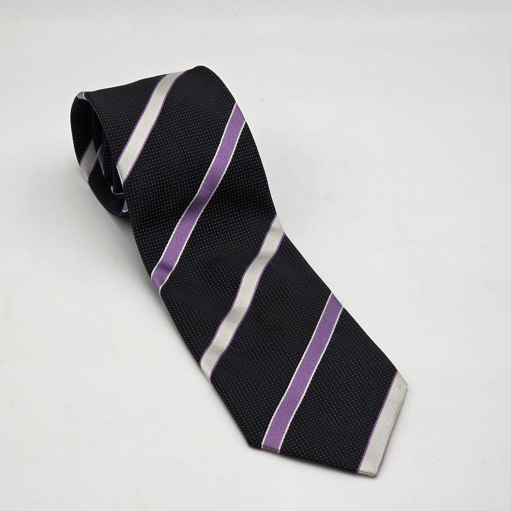 Brioni Black‎ Silk Tie Purple Silver Stripe Handmade Italy Classic Luxury